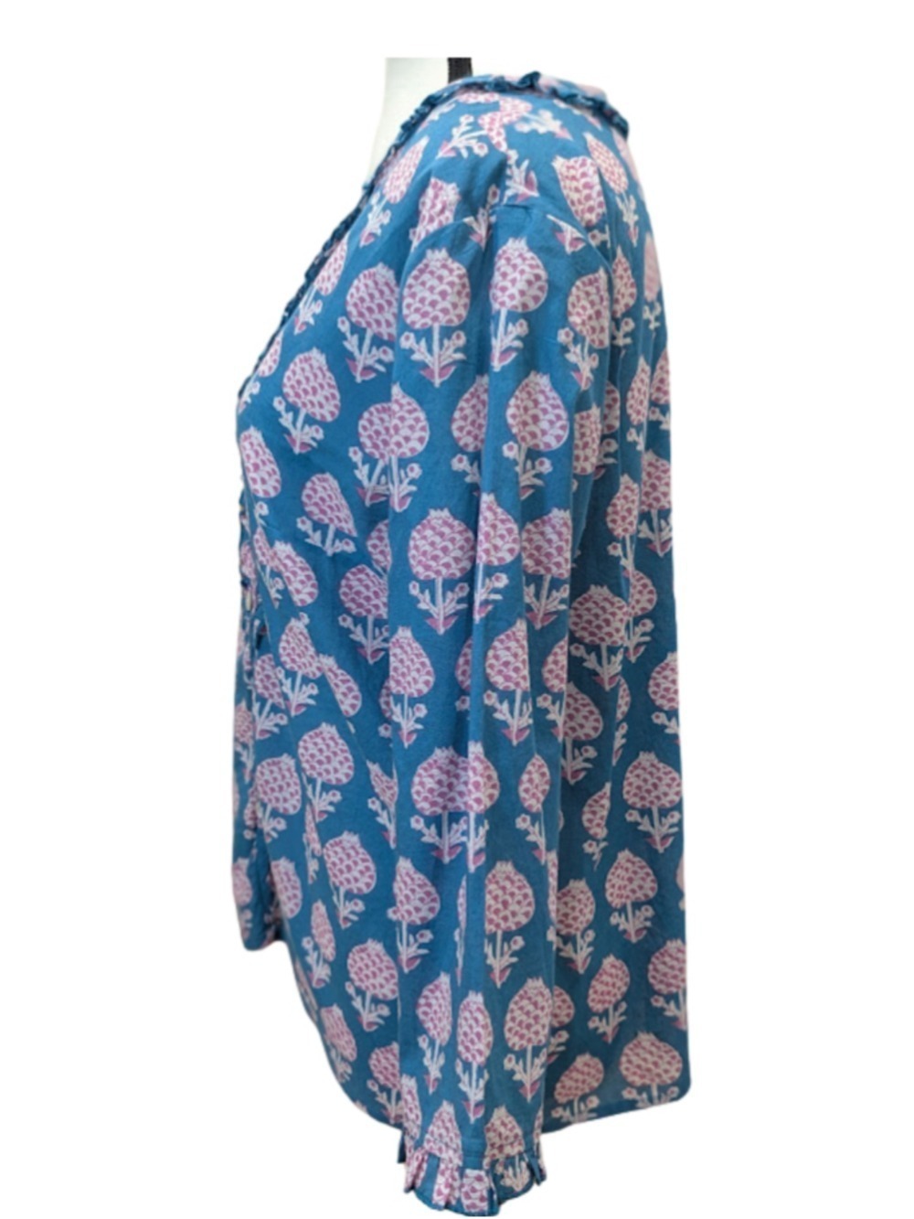 Pomegranate Block Print Boho Cottagecore Cotton Blouse Turquoise Pink Artisan To - Picture 4 of 13